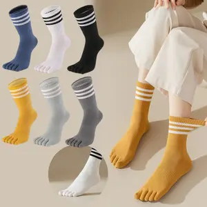 6 pairs of women's five finger socks, solid color striped mid leg split toe socks, soft, comfortable and breathable, suitable for yoga, Pilates and daily wear