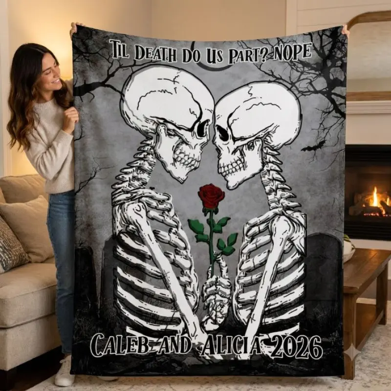 Personalized Gothic-style skull couple flannel blanket—a romantic skull and rose throw—perfect as a fun "Till Death Do Us Part" gift for anniversaries, weddings, or Halloween.