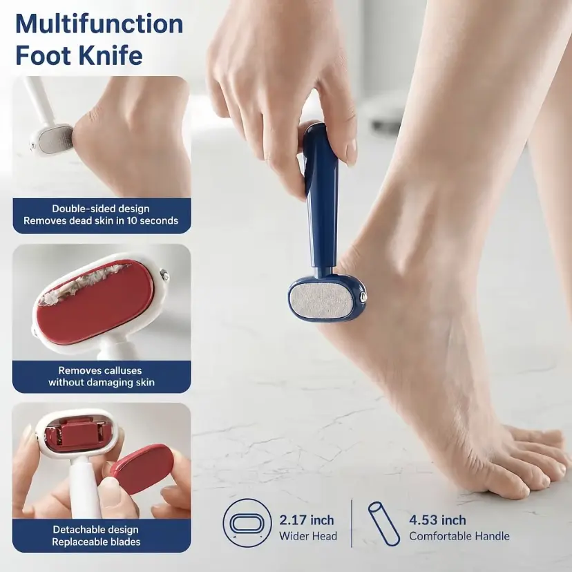 Double-sided callus remover for feet, replaceable stainless steel blade foot scraper, portable manual tool for removing calluses and corns, safe heel dead skin removal tool, suitable for rough, hard, cracked skin