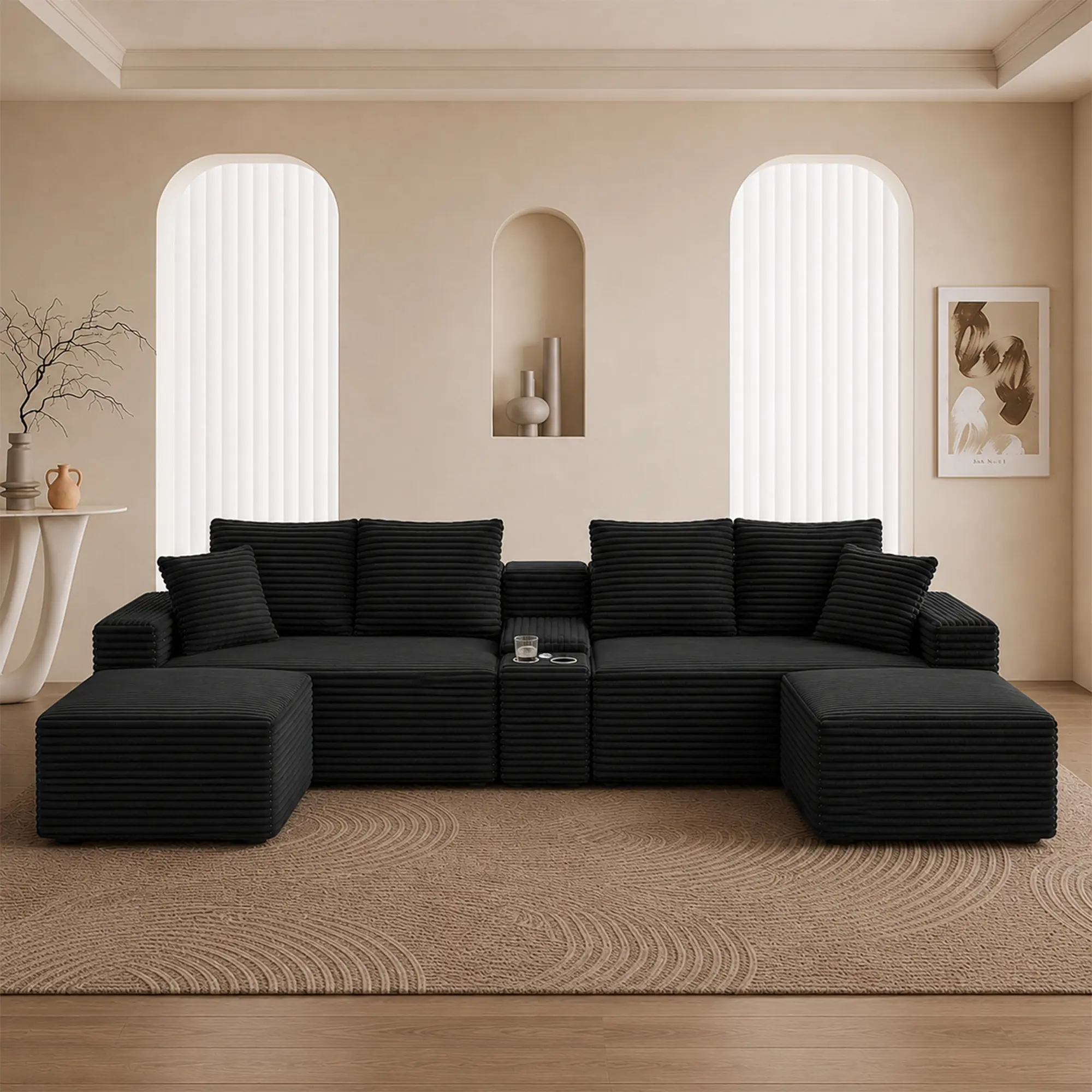 【3 Packages Shipping】127 Inch U-Shaped Corduroy Modular Cloud Sectional Sofa, Boneless Compressed Couch in a Box, No Assembly Required, Living Room Black Sofa with Cup Holders, USB Charging Ports & 2 Free Ottomans