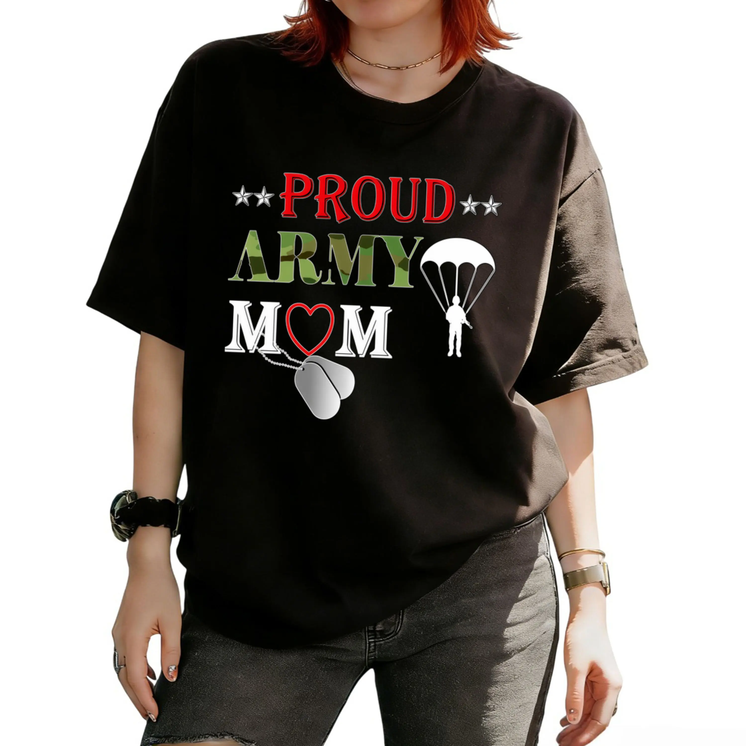Women's Army Paratrooper Proud Mom Cotton T-Shirt - Fashion Women's Fashion Casual Wear, Classic Fit, Airborne Dog Tags Print, Round Neck, Lightweight Funny Summer Top for Outdoor Activities
