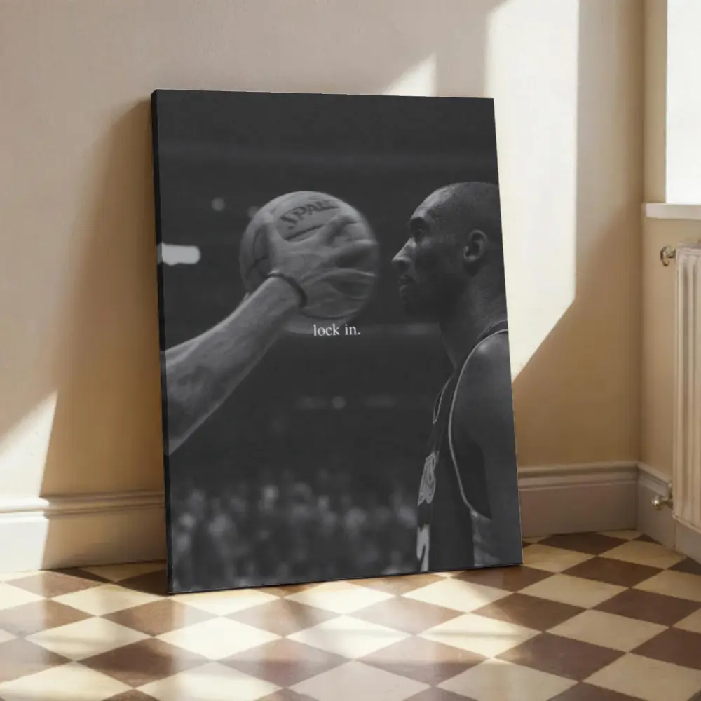 Kobe Bryant Lock In Canvas Wall Decor Poster - Basketball Legend Framed Hanging Graphic Prints, Inspirational Home Decor for Bedroom, Man Cave, Office, Fan Gift