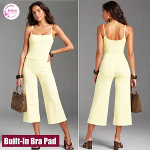 Jetjoy Going Out Sets for Women 2 Pieces Capri, Yoga Tank Top High Waist Mid-Length Pants Running Yoga Set for Women,  Womens Workout Sets Two Piece Spaghetti Straps Crop Top Matching Wide Leg Capri Pants Gym Work Pilates Outfits