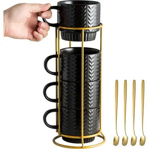 Stackable Coffee Mugs, Coffee Mug Set of 4 with Spoons & Stand, 13oz Espresso Cups for Drinks Latte Cappuccino , Coffee Cup for Housewarming Birthday , Dishwasher Safe, Black