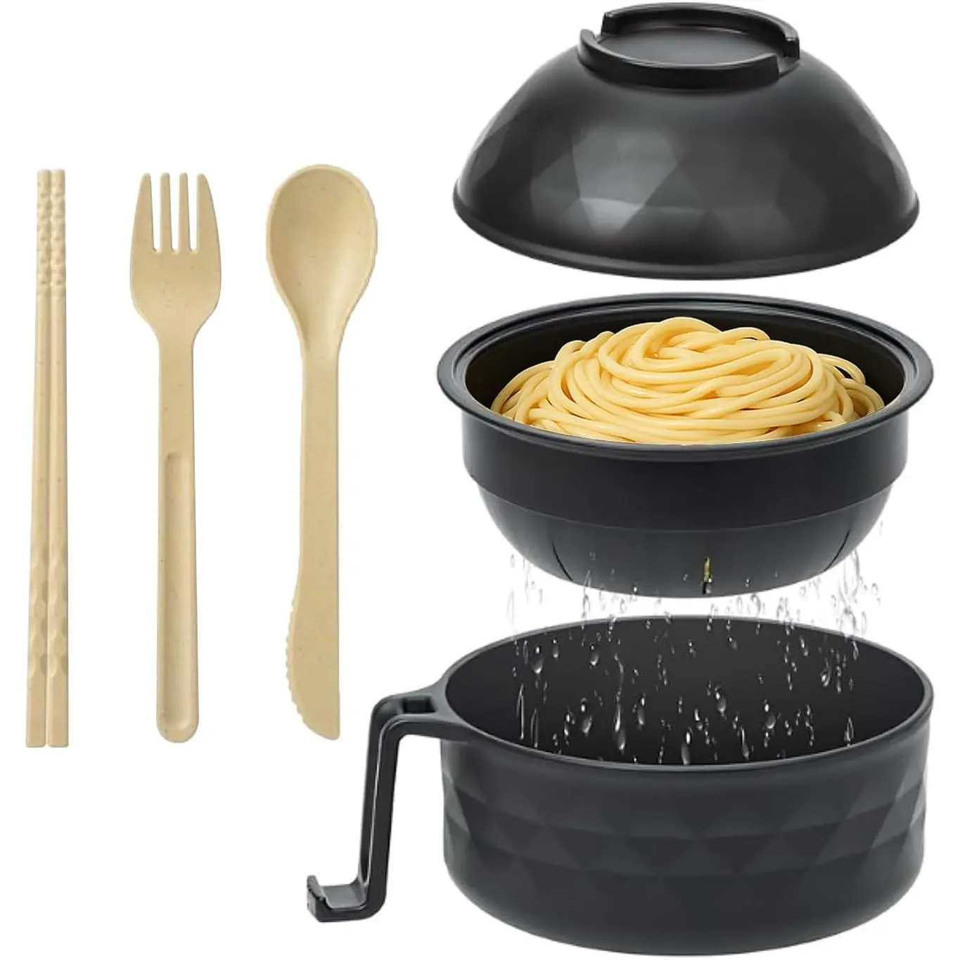 3-in-1 BPA-Free Microwave Ramen Bowl Set with Cutlery - Portable, Travel-Friendly - Includes Spoon, Chopsticks, Fork - Ideal for Small Kitchens, Dorm Rooms - Tableware Value Pack, Gifting Option