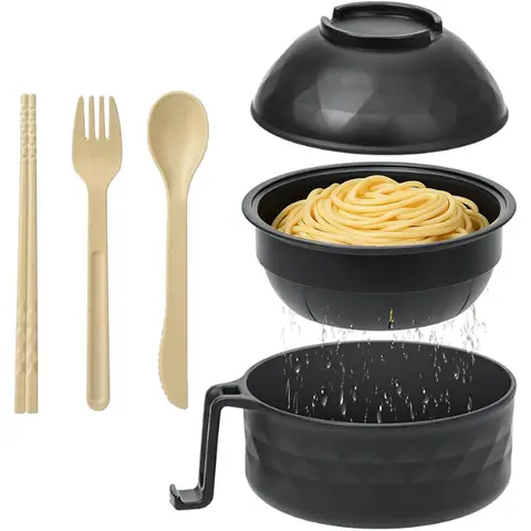 1L 3-in-1 BPA-Free Polypropylene Food-Safe Microwave-Safe Instant Noodles Ramen Bowl Set, French Country Tableware with Spoon, Chopsticks, Fork - Portable Multi-Compartment, Dorm/Travel Fit, Small-Kitchen Friendly, Value Pack, Gifting Option