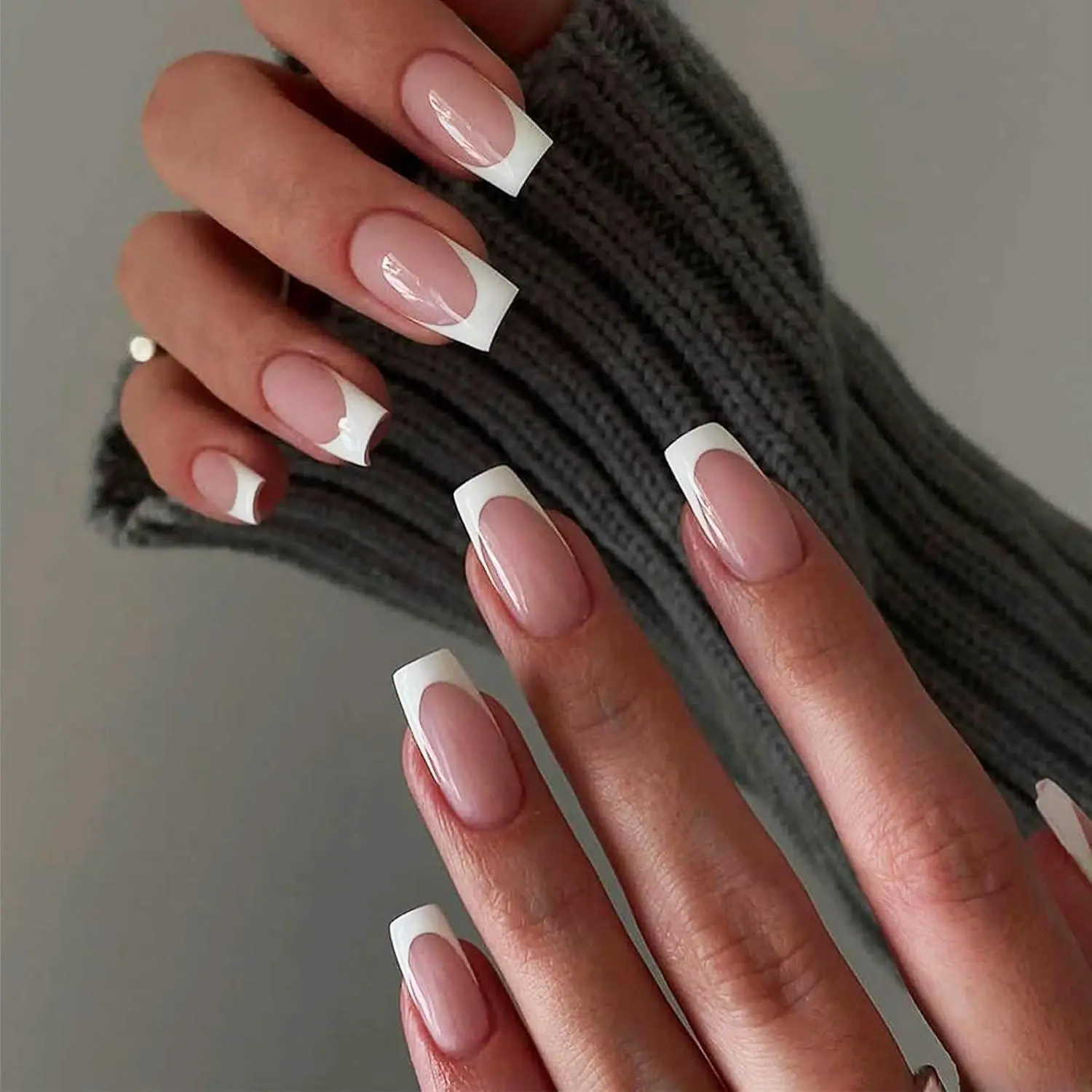 Instantly Upgrade Your Look With 24pcs-White French Mid-Length Square Full-Coverage False Nail Set