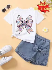 Girls' Summer Trendy Butterfly Knot Series Heart Pattern Comfortable Round Neck Short Sleeve T-Shirt, Casual Versatile Unisex Kids Clothing