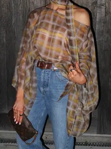 Women's Spring Summer Fashion Casual Loose Plaid Print Cape Top, One Shoulder Scarf Decorated Blouse, Vintage Versatile Vacation Style Shirt
