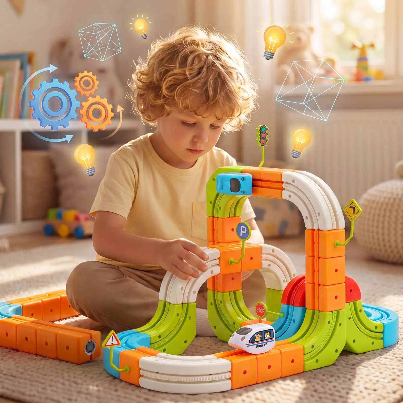 93Pcs 3D Cube Electric Train Set - Gravity-Defying Motorized Race Track, DIY Rail Block Kit, STEM Educational Toy Gift for Kids Ages 3+ (Master Set + 2 Cars)
