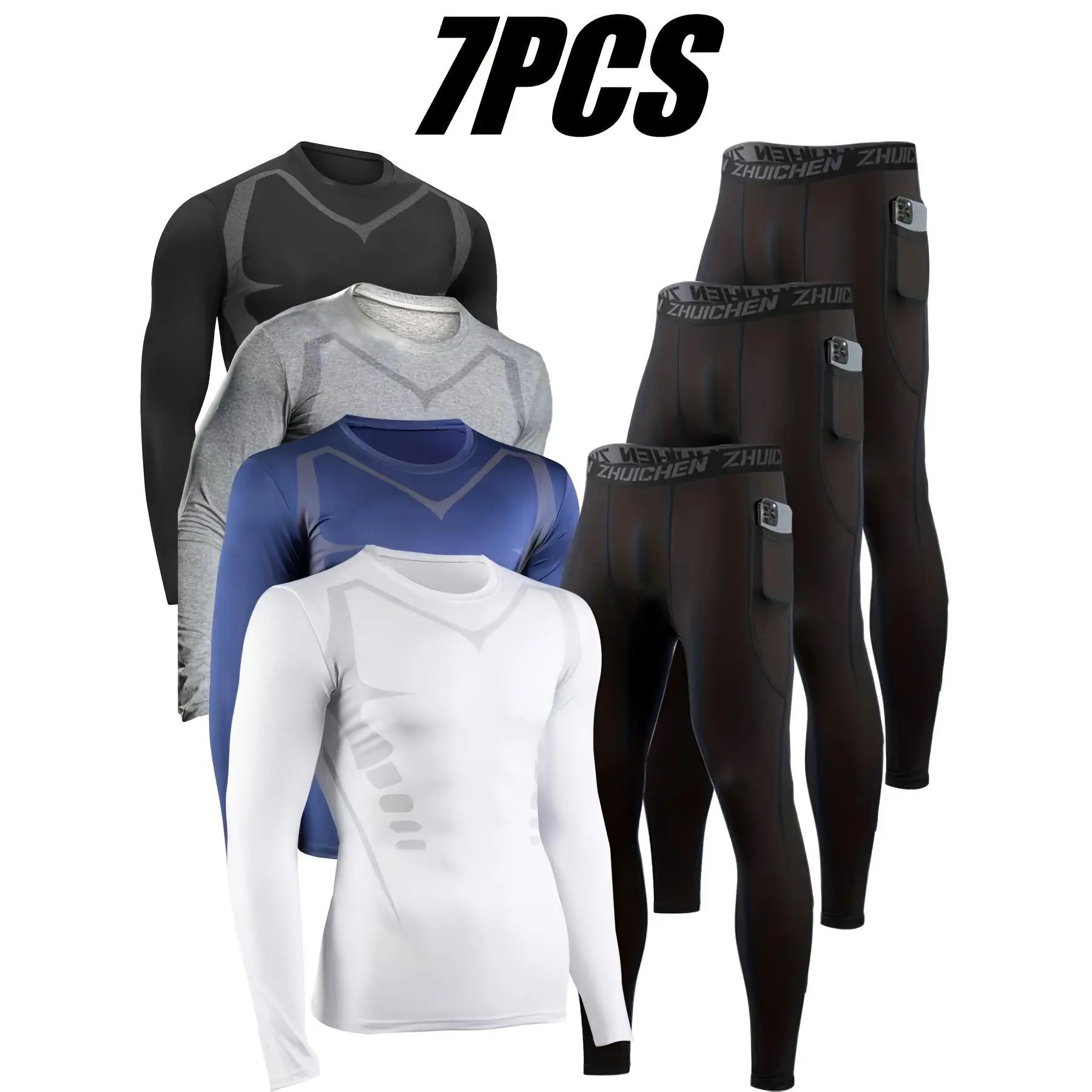 VRYXAL Men's 7-Piece Quick-Dry SPF 50+ Full Fitness Tracksuit Set - High-Elasticity, Moisture-Wicking, Tight-Fit Training Pants, Above-Knee Shorts, Swim-to-Run Conversion, for Gym, Running