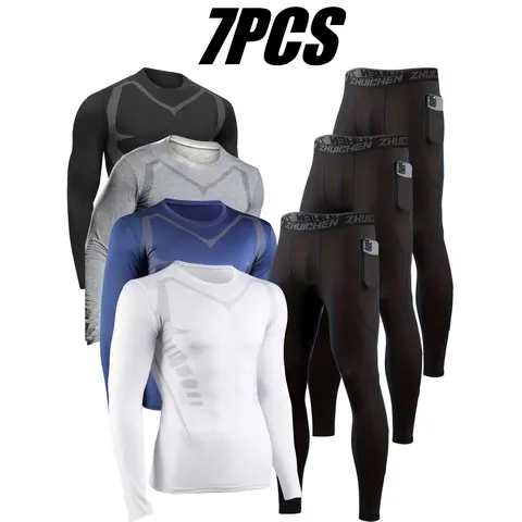 VRYXAL Men's 7-Piece Long-Sleeve Quick-Dry Sports Set - SPF 50+, High-Elasticity, Moisture-Wicking, Tight-Fit Training Pants, Above-the-Knee Gym Shorts, Swim-to-Run for Gym, Running