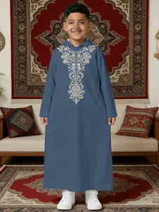 Boys Hooded Thobe with Luxury Beige Floral Embroidery, Middle Eastern Islamic Jubba for Kids (Blue)