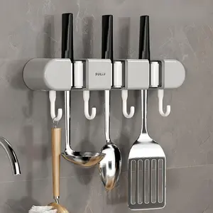 Damage-Free Broom and Mop Organizer: Strong Self-Adhesive Wall Mount with Hooks to Maximize Space in Kitchen, Bathroom, Garage, Gray