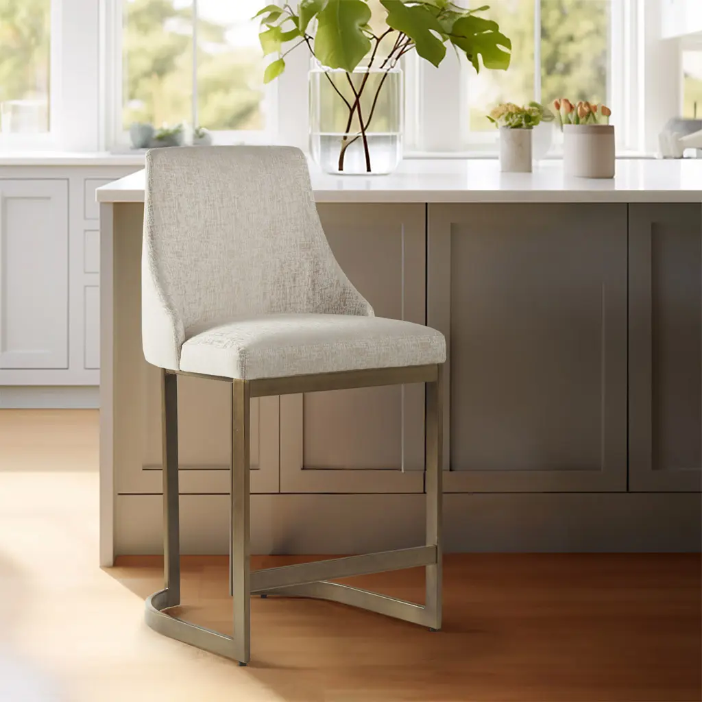Madison Park Bryce Contemporary Cream Upholstered Counter Stool - Curved Arms, High-Density Foam Cushion, Metal Base, Steam Clean Compatible, 21"w x 22"d x 40.5"h, 33.55 lbs, Assembly Required