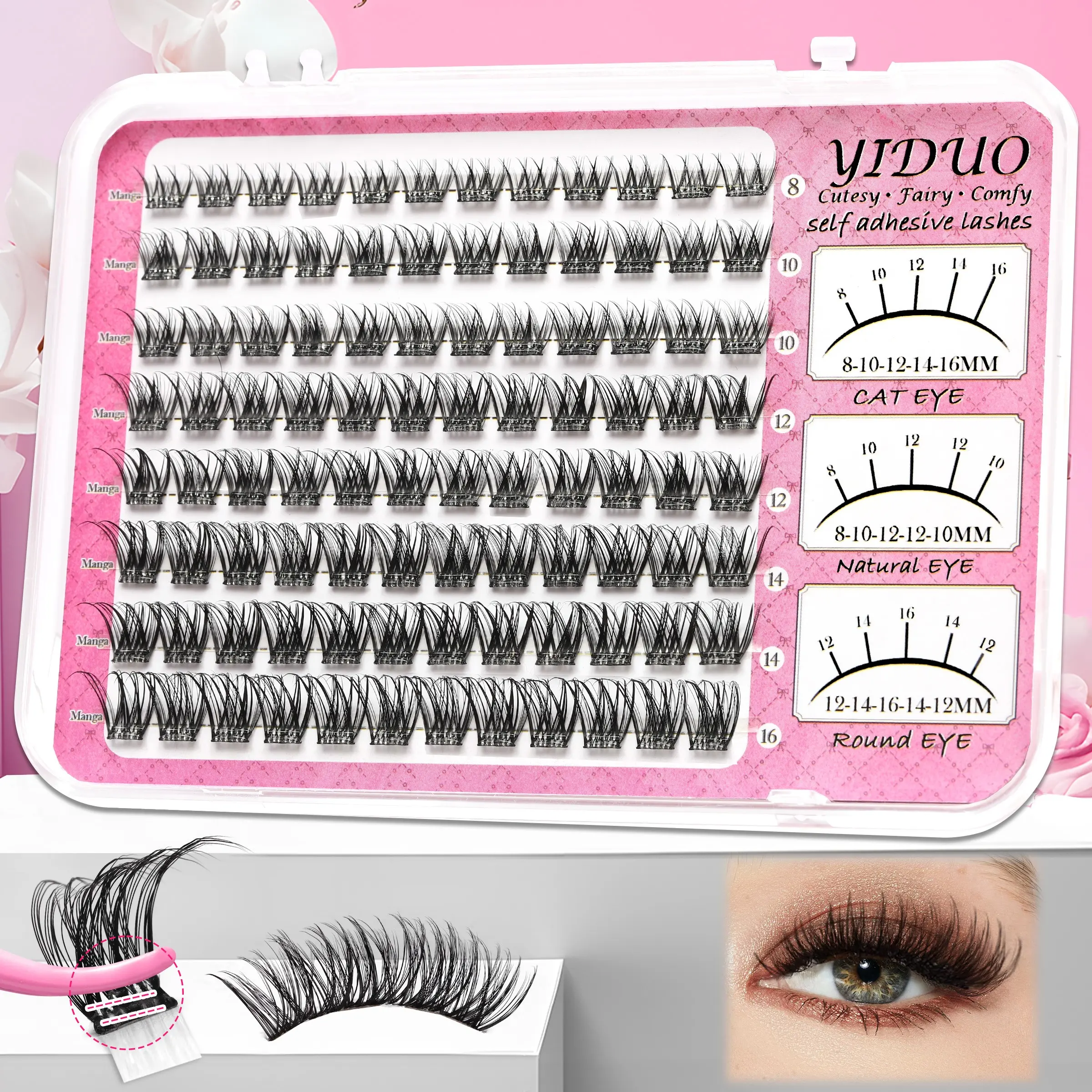 Self-adhesive false eyelash clusters, Cosmetic false lashes, Fluffy false eyelashes, Slender Manga Style Glue-free false eyelash extensions Lightweight D-curl clusters 8-16mm pre-glued clusters Individual false lashes Effortless makeup application