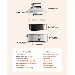 Summervibes VEVOR Roaster Oven, 26QT Electric Roasting Pan, 150-450 Adjustable Temperature Fast-Cooking Turkey Roaster with Cool-Touch Handle, Visible Self-Basting Lid, Defrost Warm Function, Fits 30lb Turkey