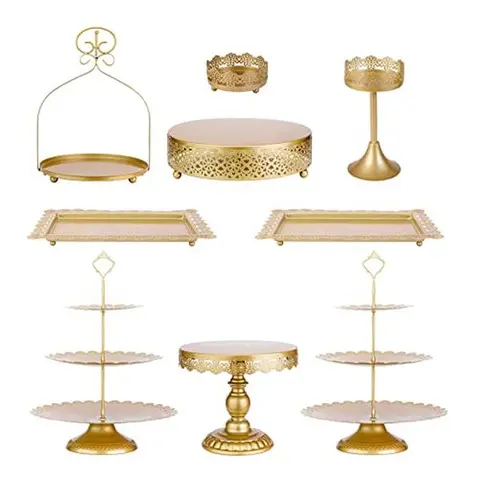 9-Pcs Sturdy Hollow Metal Round Cake Stands Set - 2 x 3-Tier Adjustable, Smooth Wipe-Clean Metal, Screw-Top Setup, Carry Handle, Box-Included Party Dessert Stand for Birthday, Elegant Cupcake Displays, Home Supplies Gift