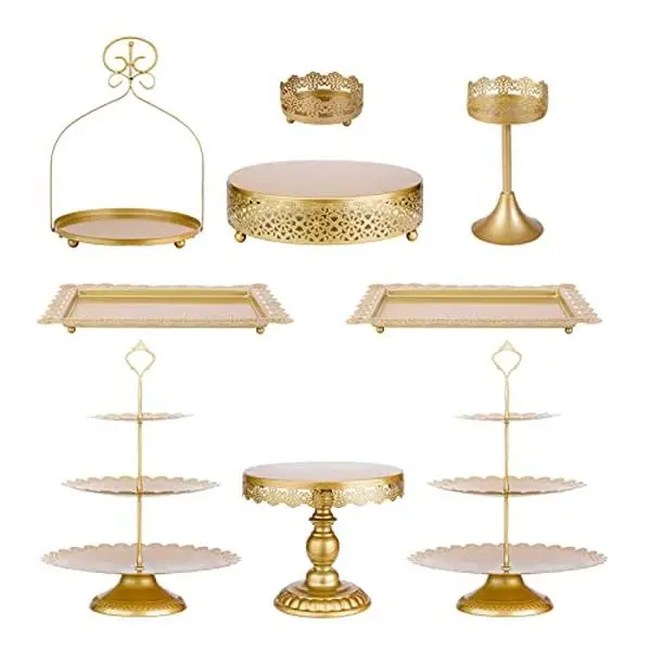9-Pcs Sturdy Hollow Metal Round Cake Stands Set - 2 x 3-Tier Adjustable, Smooth Wipe-Clean Metal, Screw-Top Setup, Carry Handle, Box-Included Party Dessert Stand for Birthday, Elegant Cupcake Displays, Home Supplies Gift