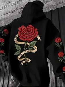 Men's Rose Pattern Letter Print Hooded Fleece Sweatshirt, Fashion Trendy Style, Long Sleeve Graphic Print Hoodie with Pockets, Fall & Winter Casual Wear