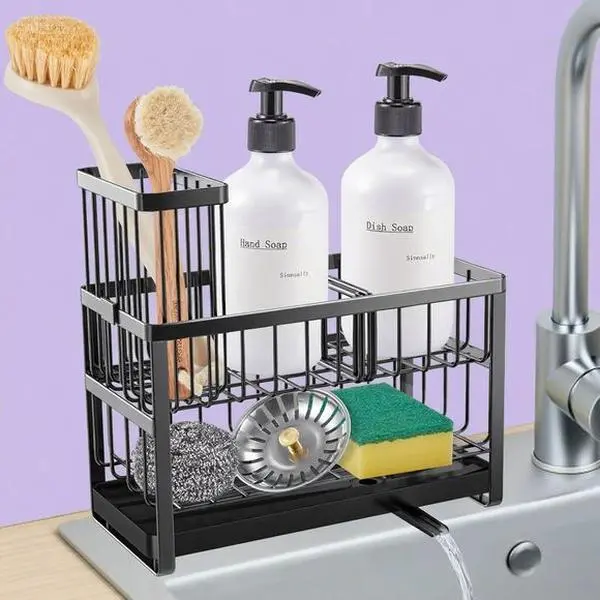2-Tier Stainless Steel Kitchen Countertop Sink Organizer - Space-Saving Storage Rack with Dish Brush Holder, Soap Dispenser Tray, Durable Rust-Resistant Metal Caddy
