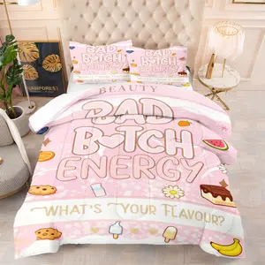 Girly Pink Y2K Bad Bitch Energy Comforter Sets,Includes 1 Comforter & 1-2 Pillowcases,Fun Cartoon Snack Print Bedding Sets,Soft Cozy Bedding for Teen Girls Bedroom,Queen King Size,Trendy Aesthetic Room Decor & Gift for Young Women,Soft Warm Bedding