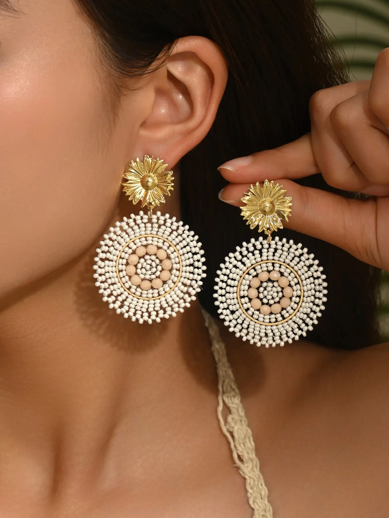 Handmade Mandala Beaded Drop Earrings with Gold Sunflower Top, Boho Round Seed Bead Statement Earrings for Women, Jewelry, Bohemian Earrings, Multiple Colors Available, Lightweight Gold-Tone Design, Perfect for Everyday Wear, Bridal Events
