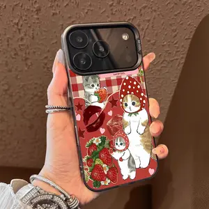 Cute strawberry and kitten Pattern Case for iPhone 17 Pro Max 17 Air 16/15/14/13/12/11 Pro Max XR XS E Plus Retro High-end Shockproof Drop Screen Protection Cute Durable PC Smartphone Cover