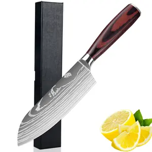 Small Santoku Knife - Damascus Laser Patterned Blade, Colored Wood Ergonomic Handle