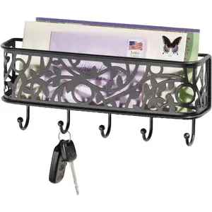 Wall Mount Metal Entryway Storage Organizer Mail Sorter Basket with 5 Hooks - Letter, Magazine, Coat, Leash and Key Holder for Entryway, Mudroom, Hallway, Kitchen, Office - Matte Black