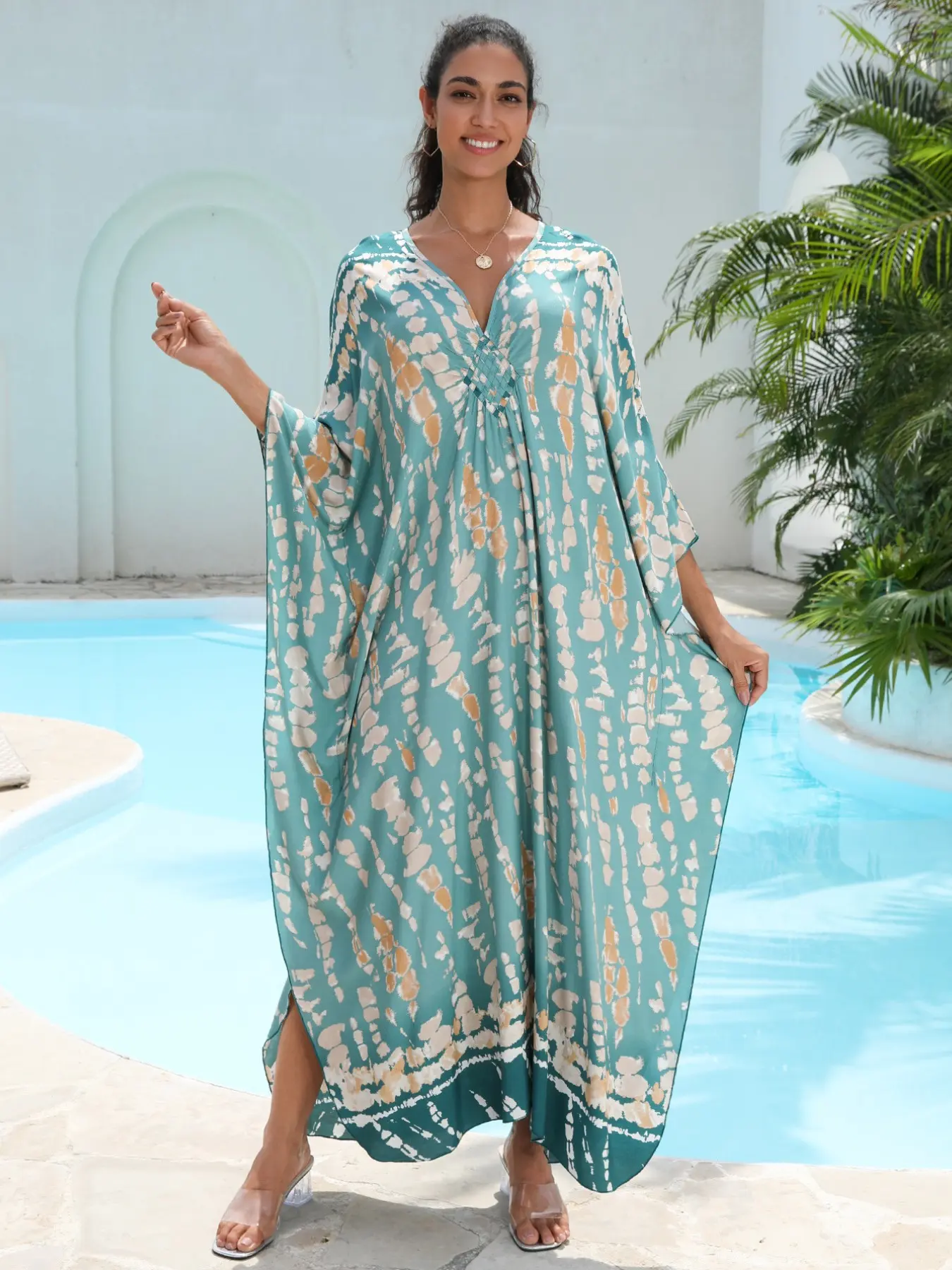 Women's Boho Kaftan Beach Cover-Up, Swimsuit Coverup, Swimwear Coverups, Beachwear Cover Up, Handwoven Blue Tie-Dye Print, Loose-Fitting Sun Protection Bikini Outerwear, All Seasons