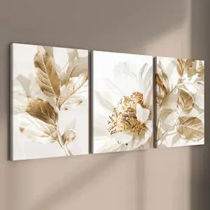 3 count wooden frame canvas, gilt elegant Floral flower poster, plant flower decoration, exquisite Artistic mural, stylish bedroom decoration, Modern home decoration, living room and corridor wall decoration, HD, waterproof, art, Artwork
