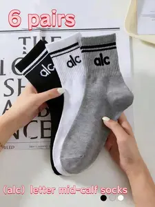 6 pairs of women's classic striped alc letter mid-calf socks, sweat-wicking and breathable, Sportswear, perfect for spring, street style, everyday casual sports socks