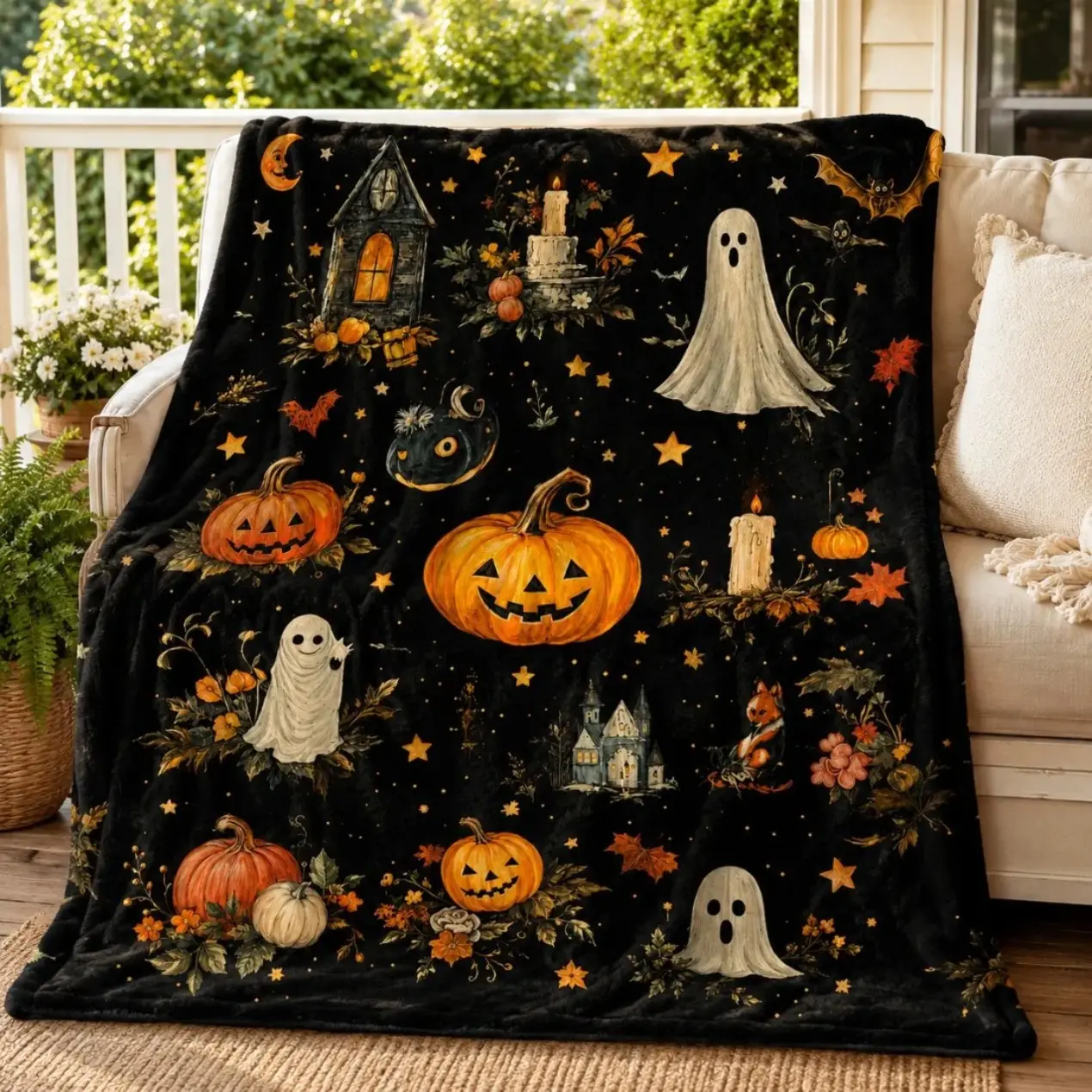 Halloween Pumpkin Ghost printing Blanket Autumn Flannel Throw Cozy Holiday Decor Perfect For Fall Season Plaid Bedding Throws Sofa Couch Adults Aesthetic Fall Room Decor Spooky Cute Microfiber Fleece Warm Gift For Friends
