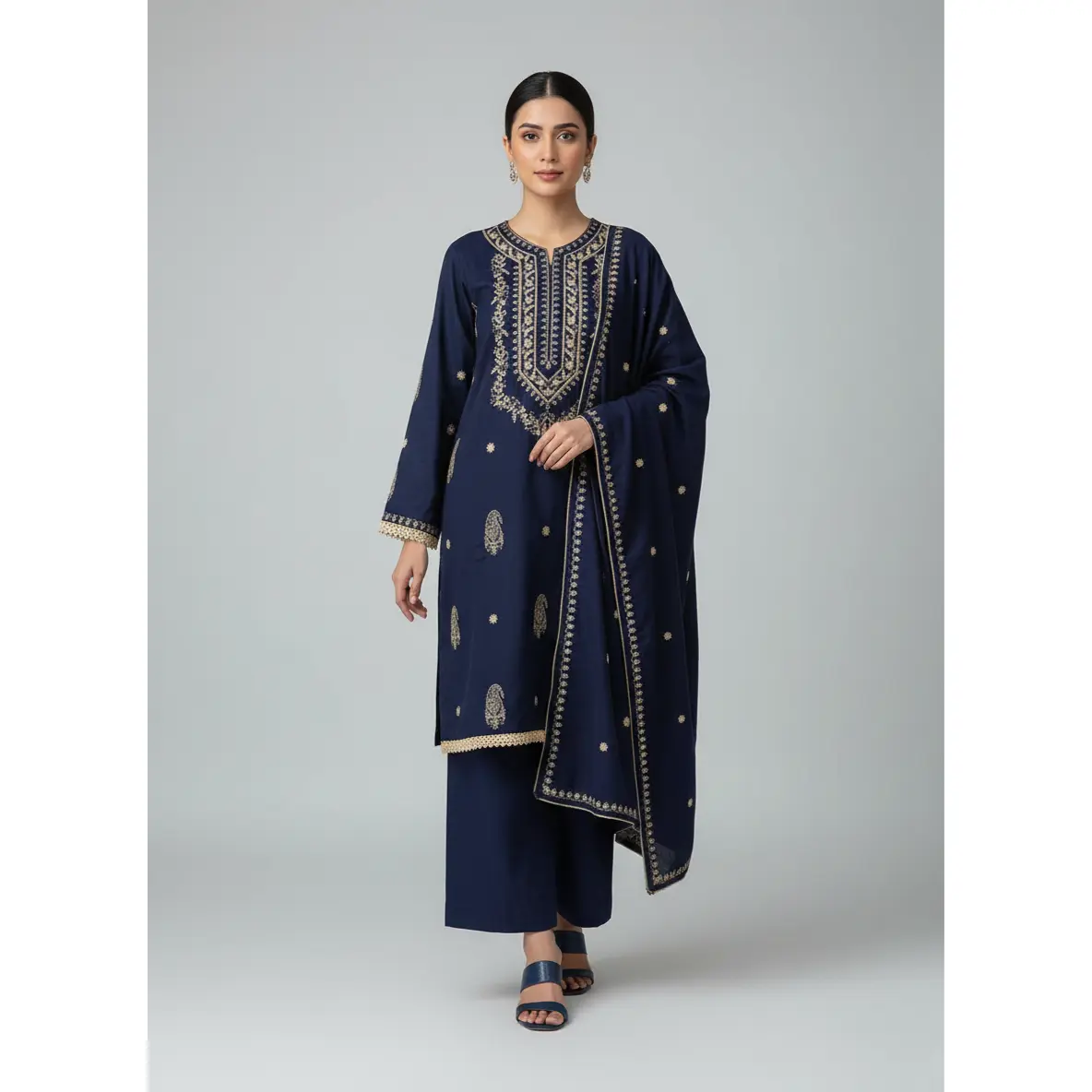 Women's 3-Piece Dress Set in Dhanak with Intricate Embroidery - Casual Style Qameez, Plazo, and Shawl for an Elegant Look, 3 Piece Set, Chic, Set Includes