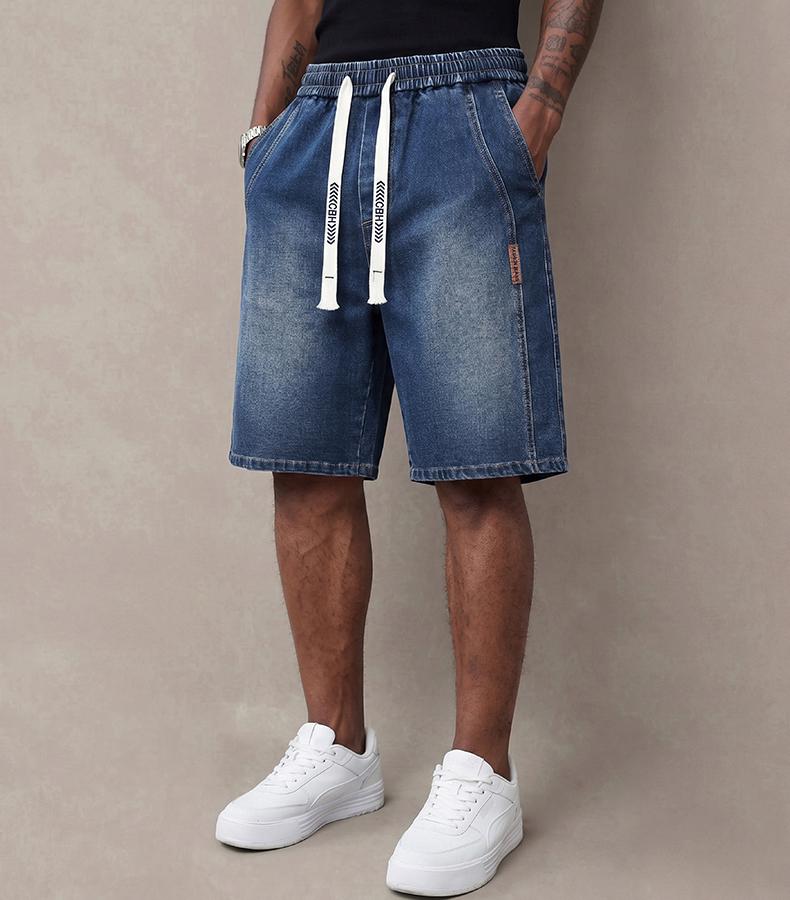Men&rsquo;s summer lightweight denim shorts &mdash; trendy short men&rsquo;s pants, loose stretch mid-thigh denim shorts, classic street cotton everyday wear for men, elastic waistband drawstring denim shorts