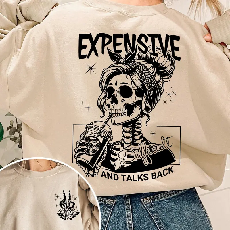 Women's Letter, Halloween & Skeleton Print Drop Shoulder Sweatshirt, Fashion Casual Long Sleeve Crew Neck Pullover for Daily Holiday Outdoor Wear, Women Clothing for Fall & Winter, Lady Tops, Womenswear, Graphic Sweatshirts