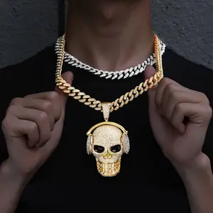 Skull Pendant Necklace Hip Hop Punk Jewelry Stainless Steel Cuban Link Chain Necklace Party Club Street Fashion Gift For Men Women Unisex Trendy Bling Accessories