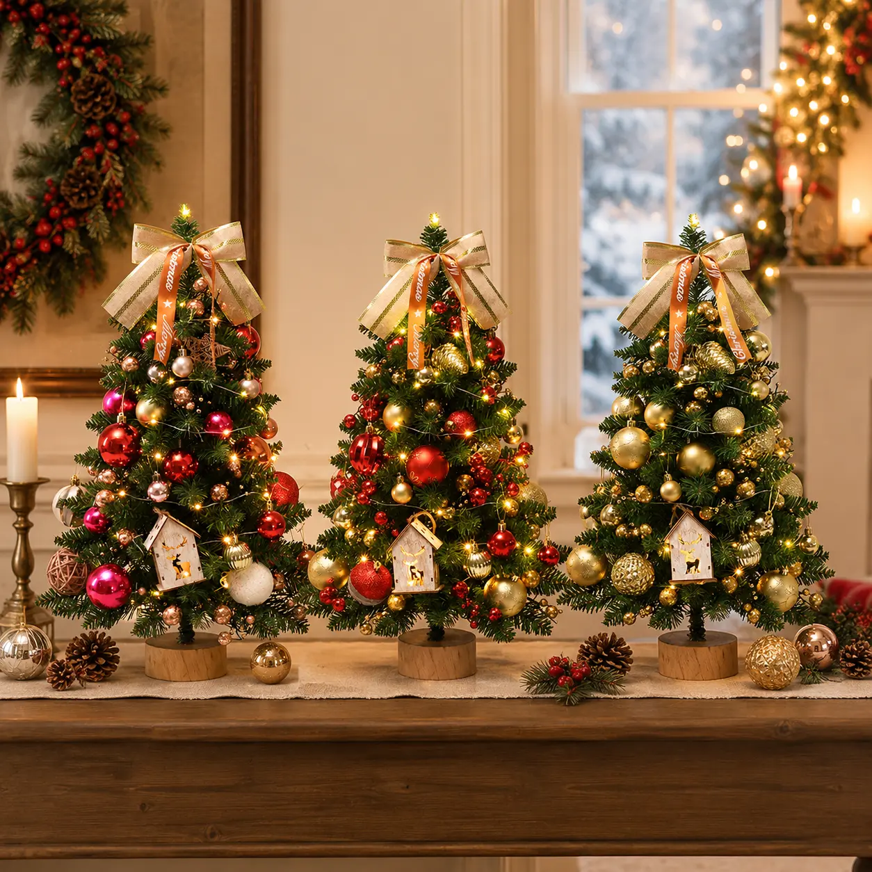 Tabletop Christmas Tree, Mini Artificial Xmas Tree with Warm Lights, Red and Gold Ornaments, Bow Topper and Wooden Base for Home, Office and Mantel Decor