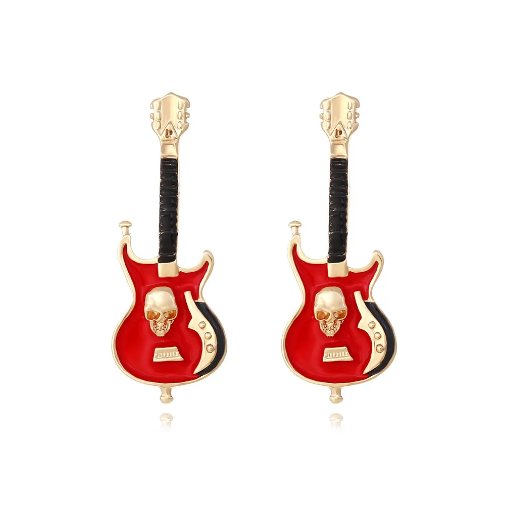 Vintage Alloy Enamel Skull Guitar Stud Earrings Gothic Style Musical Instrument Electric Guitar Earrings