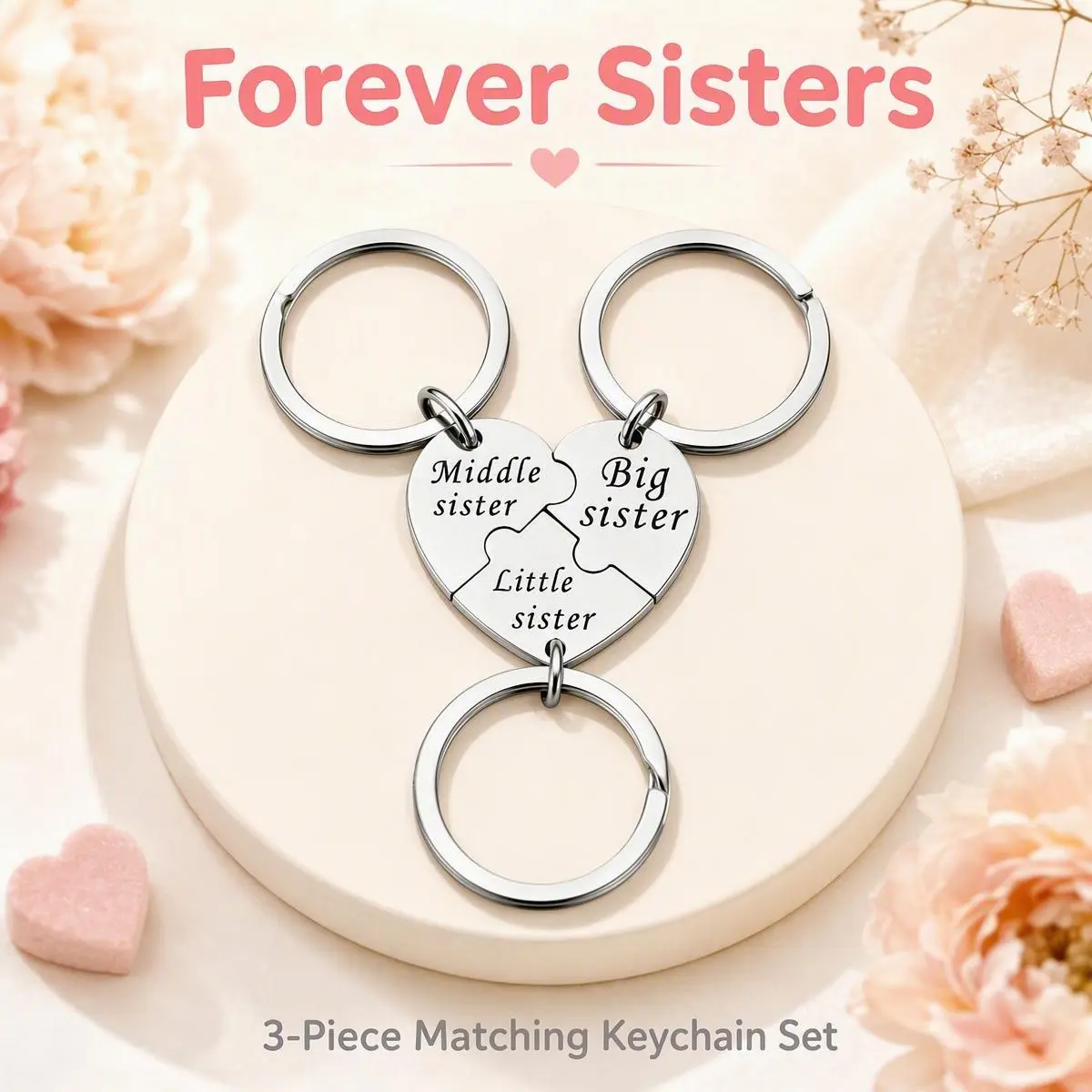 Cute Matching Key Ring Accessory Stainless Steel Keychain Set 3 Piece Set Meaningful Present for Siblings Couples Family Wedding and Holiday Occasions Meaningful Family Accessory for Mothers Day Birthday Christmas Gift