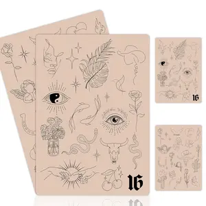 2PCS Double-Sided Tattoo Practice Skin with Pre-Printed Light Gray Stencil Designs 1.5mm Thick Silicone Pad for Fine Line & Tiny Tattoo Training (2PCS Pink Pad #16)