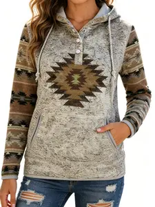 Women'S Western Ethnic Style Printed Casual Hooded Sweatshirt, Vintage Button-Up Hoodie Women's Top