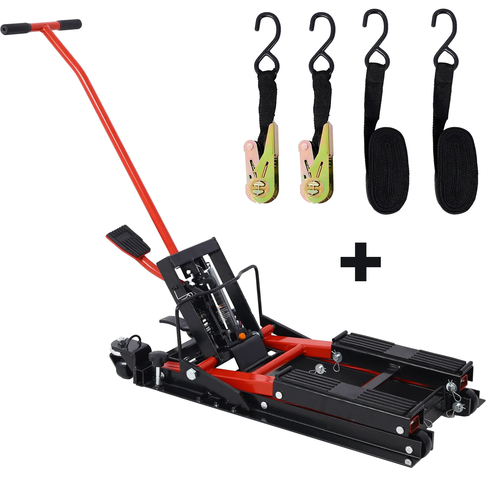 Hydraulic Motorcycle Lift Jack, 1500 LBS Capacity, Portable Lift Table with 4 Wheels, Foot‑Operated Hydraulic Hoist Stand with Tie‑Down Straps, Lifting Range 4.5"-15", for Motorcycle ATV UTV