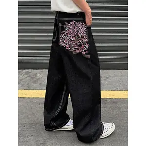 Y2K American Retro Cherry Blossom Embroidered Wide Leg Jeans, Floral Embroidery Loose Fit, Pocket Embroidery, Unisex Street Style