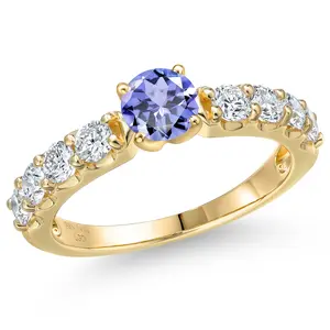14K Yellow Gold Blue Tanzanite and Lab Grown Diamond Engagement Ring For Women | 1.56 Cttw | Round 5MM | Gemstone December Birthstone