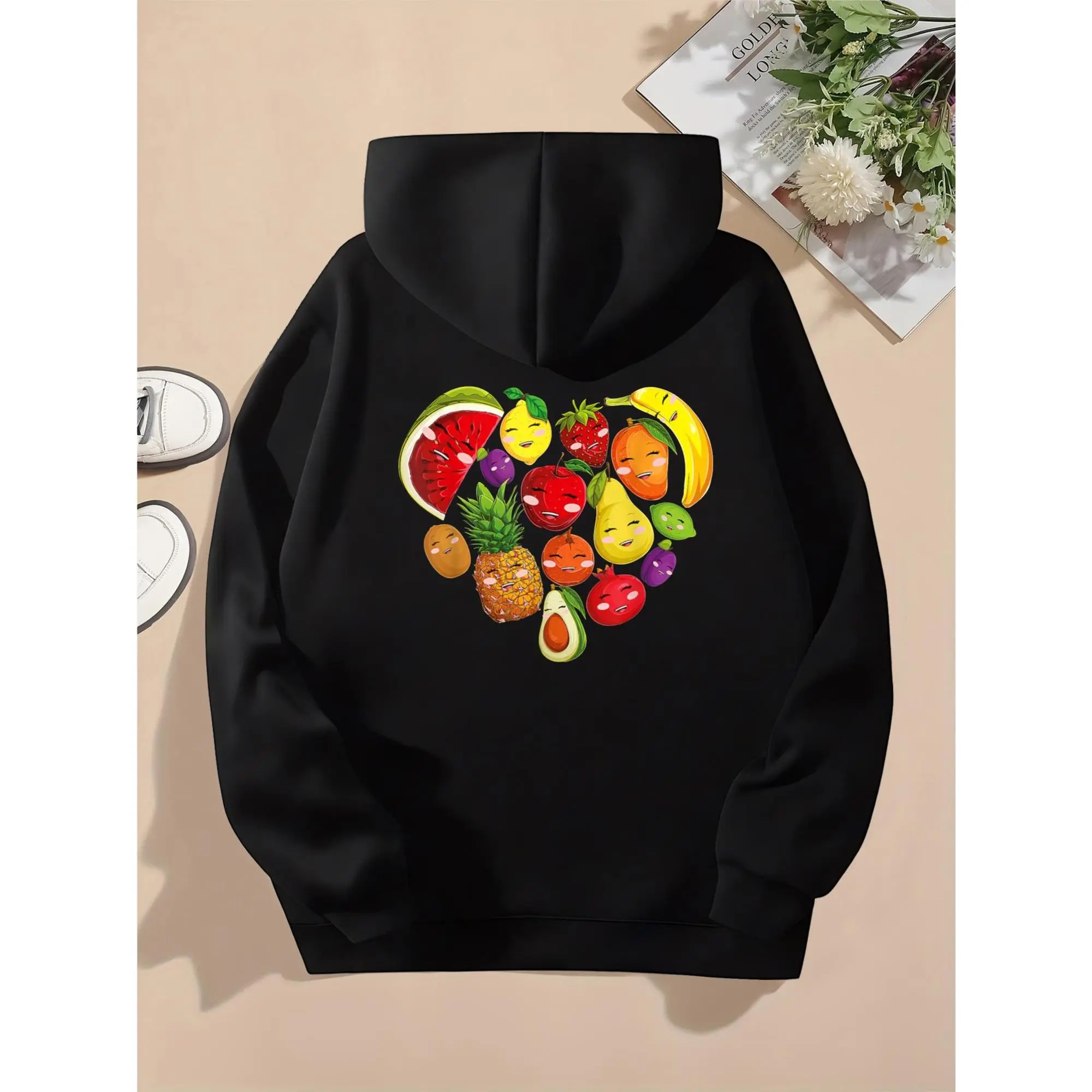 Funny Fruits Collage Hoodie with Cute Heart Print Long Sleeve Hooded Women's Fashion Graphic for Casual Wear Sweatshirts Tops sweatshirts winter outfits graphic hoodie comfort hoodies