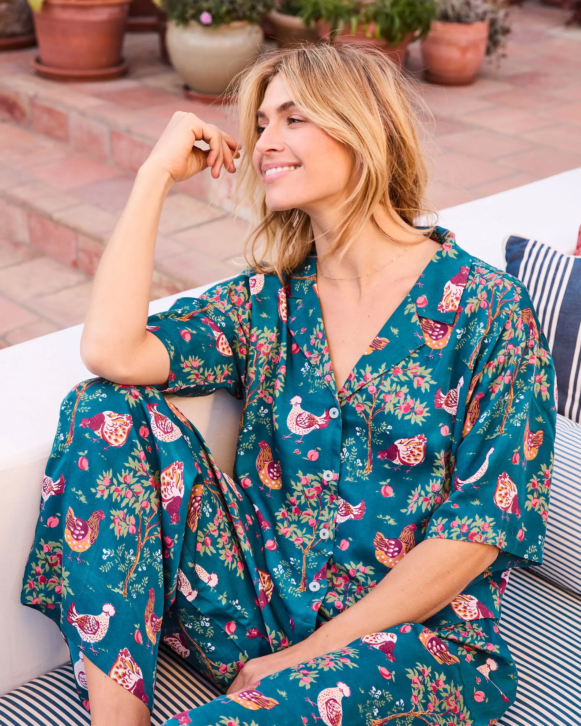 Printfresh Women's Eco Satin Hen House Wildest Dreams Pajama Set - Navy, Includes Cropped Top
