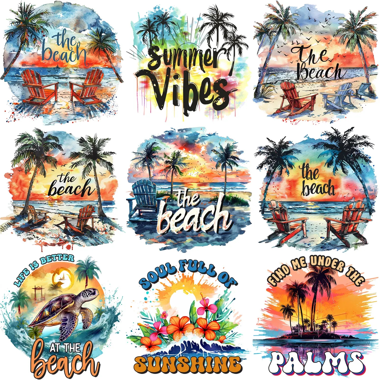9pcs summer beach sunset series DIY theme iron-on decal patches, colorful theme heat transfer DIY, easy heat press decals for clothing, T-shirts, masks, jeans, backpacks, hats, pillows, suitable for personalized style, washable heat transfer stickers art