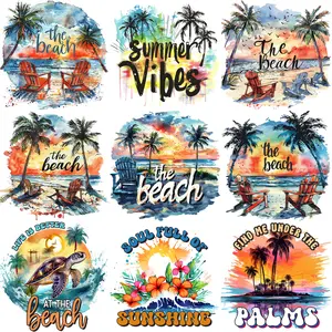 9pcs summer beach sunset series DIY theme iron-on decal patches, colorful theme heat transfer DIY, easy heat press decals for clothing, T-shirts, masks, jeans, backpacks, hats, pillows, suitable for personalized style, washable heat transfer stickers art